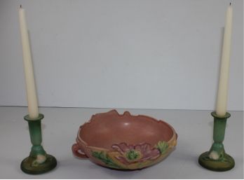 Roseville Pottery - Bowl With Broken Petals & Candle Holders