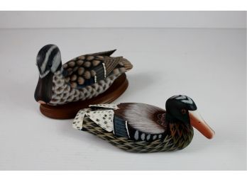 Two Wooden Carved Ducks, One Has Sticker From People's Republic Of China, Includes Stand