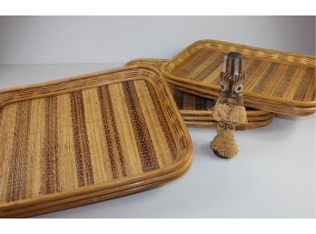 8 Wooden / Wicker Serving Trays, African Kenya Congo Wooden Figure