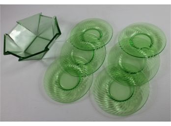 Vintage Uranium Green Depression Glass Lot 7 - Elegant 8 Sided Serving Bowl, 6 - 6 In Dessert Plates