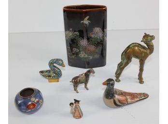 Miscellaneous  2 Inch Tall Blue Pot, Mexican Pottery Bird , Antique Chinese Cloisonne Horse & Swan 2.75T