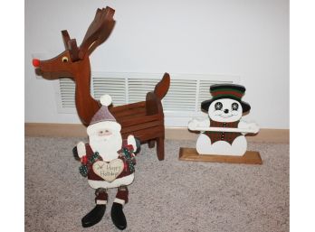 Christmas Wooden Lot  Reindeer  Antlers Need Reglued - Cute Santa, Snowman With Rod