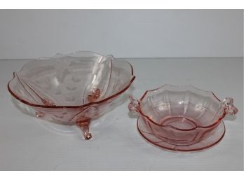 3 Pieces Pink Depression Glass - Saucer, One Bowl With Handles, One Footed Bowl