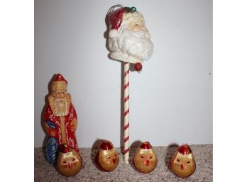 Wooden Hand-carved Hand-painted Santa -made In Russia, 4 Vintage Roly Poly Shiny Santa Ornaments