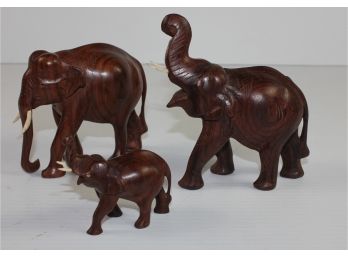 Family Of 3 Hand Carved Elephants