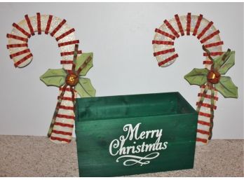 Wooden Merry Christmas Box & Two Cute Metal Candy Canes