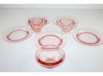 Pink Depression Glass - 5 Dessert Plates - 1 Has Small Flaw On Edge- Sugar And Creamer