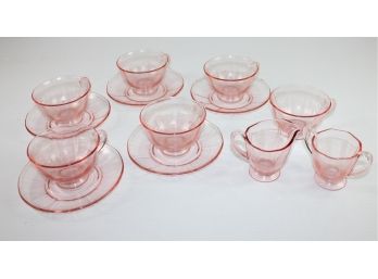 Pink Depression Glass - 6 Cups, Five Saucers, Cream And Sugar