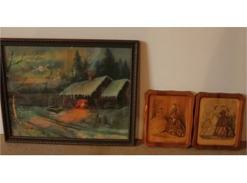Vintage Framed Print  Winter Scene From Borin Mfg. Co., 2 Vintage Wooden Plaques Victorian Style Godeys