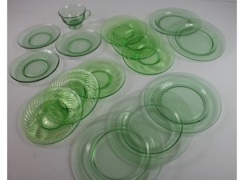 Vintage Green Depression Uranium Glass Lot 8 - 5 - 7.5 Inch Dessert Plates, 9 - Various 6in Plates *see Notes