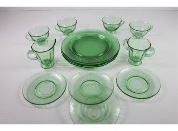 Vintage Uranium Green Depression Glass Lot 5 - Set Of 4 Plates, Saucers & Cups, Larger Sugar And Creamer