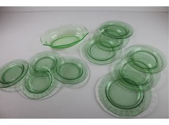 Vintage Uranium Green Depression Glass Lot 6 - Serving Bowl, 6 - 7.5 Inch Dessert Plates, 4 - 6 In Dessert Pl