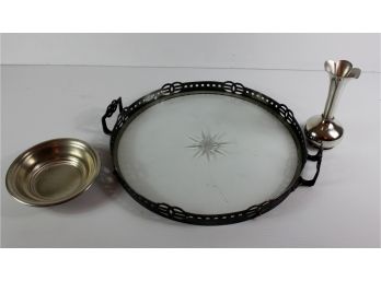 Pewter Lot  14 In Glass With Pewter Frame Heavy Silver Tray, Bowl And Vase