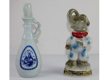 2 Decanters  1968 Beams Trophy China Elephant And Sailboat