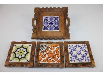 4 Ceramic And Wood Trivets - Dal- Tile - One With Handles