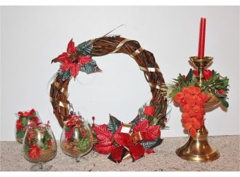 Christmas Wreath And Nice Brass Candlestick With Three Glass Vases