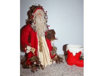 Inarco From Japan Vintage Ceramic Boot Chimney Planter, Vintage Looking Fabric Santa
