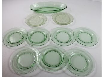 Vintage Uranium Depression Glass Lot 4 - Serving Bowl, 2 Clear Etched Dessert Plates, 7 Dessert Plates