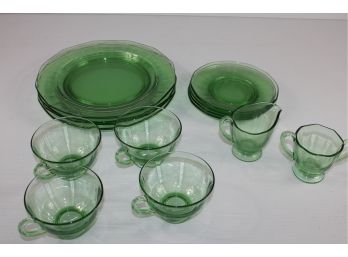 Vintage Uranium Green Depression Glass Lot 1 - Set Of Four Plates, Saucers And Cups, Sugar And Creamer