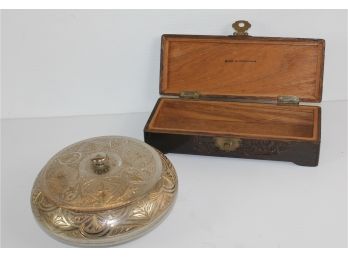 Wooden Box 10 X 4 From Hong Kong, 7in Solid Brass Covered Dish Made In India