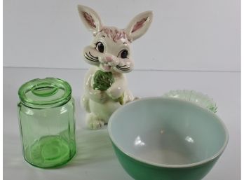 Lot Of Green And Ceramic Rabbit Covered Dish- Has Chipped Lid And Several Chips Around Mouth