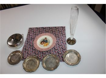 Vintage President Kennedy With Wife Plate,  4 Silver Plated Coasters, See Description