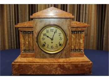 Antique Seth Thomas Mantel Clock - Has Key -adamantine Veneer 16 Inch Wide 12.5 In Tall