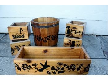 6 Piece Wood Set - Stenciled - Possible Ice Cream Bucket 12.5 In Tall - Large Rectangle Is 21.5 W X 5.5 Tall
