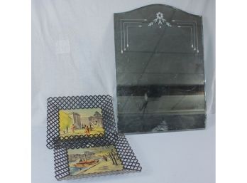 Antique Beveled Mirror - Chip On Corner And Two Wall Hangings