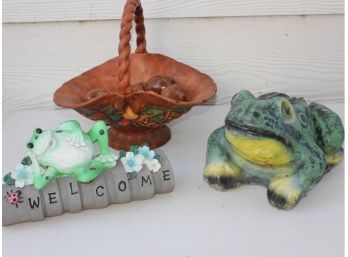 Concrete Frog 10' Long, Frog Laying On Pots & Ceramic Basket Of Apples