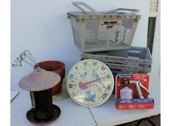 3 Wal Mart Baskets, Outdoor Thermometer, Sprayer, Bird Feeder, Etc