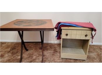 Antique Folding Card Table & Vintage Side Table, Homemade Scarves