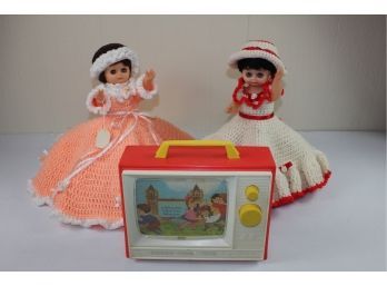 2 Crochet Dolls,  1966 Fisher Price Two Tune Giant Screen Music Box