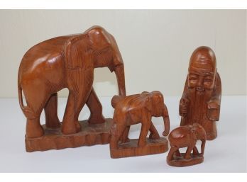 Teak Wood Buddha And 2 Elephant Figurines 1970s Vietnam