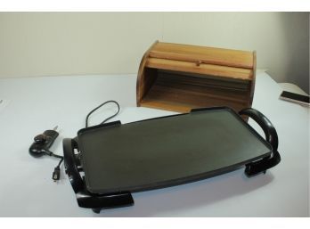 Durabrand Electric Griddle - - Used -grease Tray Has Some Melted Area- Wooden Roll Top Bread Box