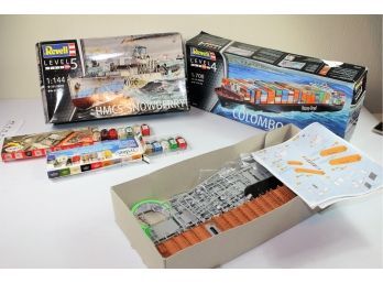 2 Revell Ship Models Level 4 And Level 5- One Is Partially Assembled - Set Of Paints