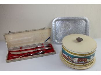 Stainless Steel Carving Set In Box, Vintage Cake Carrier And Serving Tray