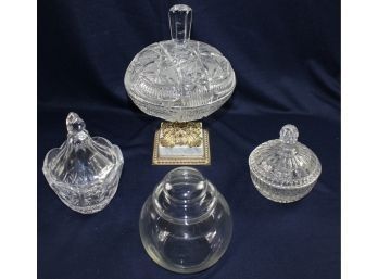 4 Glass Covered Bowls-one With Marble Base Is Heavy And Made In Italy