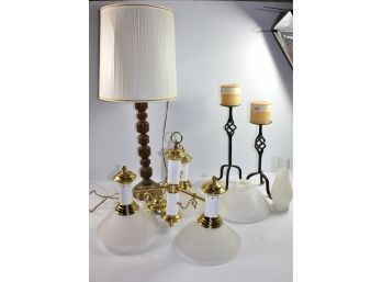 Table Lamp, 2 Pedestal Wrought Iron Candles, Hanging Light Fixture, Miscellaneous Globes