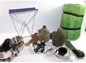 Camping Supplies-sleeping Bag, 2 Canteens, Coleman Cooking Pans, Collapsible Stool, Head Lantern