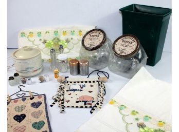 Misc Lot- 2 Beautiful Homemade Vintage Towels, Salt & Pepper Sets, Small Rival Crock Pot, Storage Container