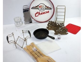 Miscellaneous Kitchen Lot-2 Brass Napkin Holders, 6 Inch Cast Iron Skillet, Grater, Etc