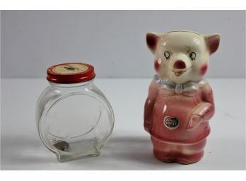 2 Vintage Banks-Royal Copley Pig & Nash Kiddy Bank W/clock Face On Glass