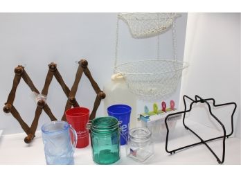 3 Basket Hanging, Ice Pop Maker, Cups, Lidded Green Glass Jar (cracked) Hanging Rack