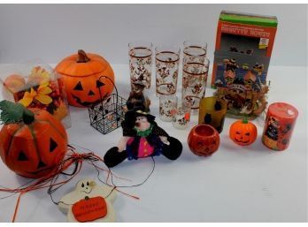 Fall Lot #2 - Lighted Haunted House, Decor, Glasses, Ceramic Pumpkin, Etc