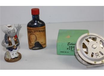 Texadillo Mascot By Texcennial Corp And Mrs Stewart's Bluing Bottle And Edward's Crown Fly Reel # 60