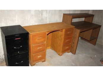Heavy Black 2 Drawer File Cabinet (has Rust On Bottom), Solid Wood 6 Drawer Desk, Computer Desk