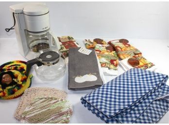 Kitchen Lot, New Kitchen Towels, Mr. Coffee, Potholders, Vinyl Tablecloth
