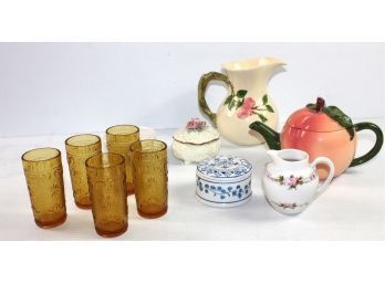 Misc Glass-Teleflora Teapot, 5 Concorde Amber Juice Glasses, Franciscan Pitcher,  Creamer (Made In Japan)