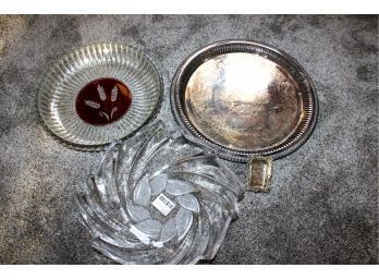 Mikasa Ambrose Large Bowl, Silver Plated Platter, Glass Bowl With Red Wheat Design